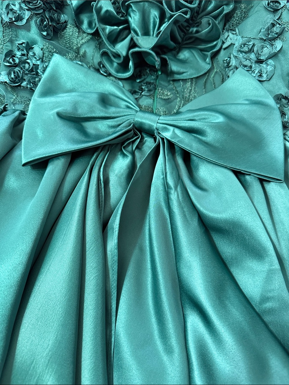 Bonnie Jean Emerald Green Ruffle Floral Satin Dress - Picture 10 of 13